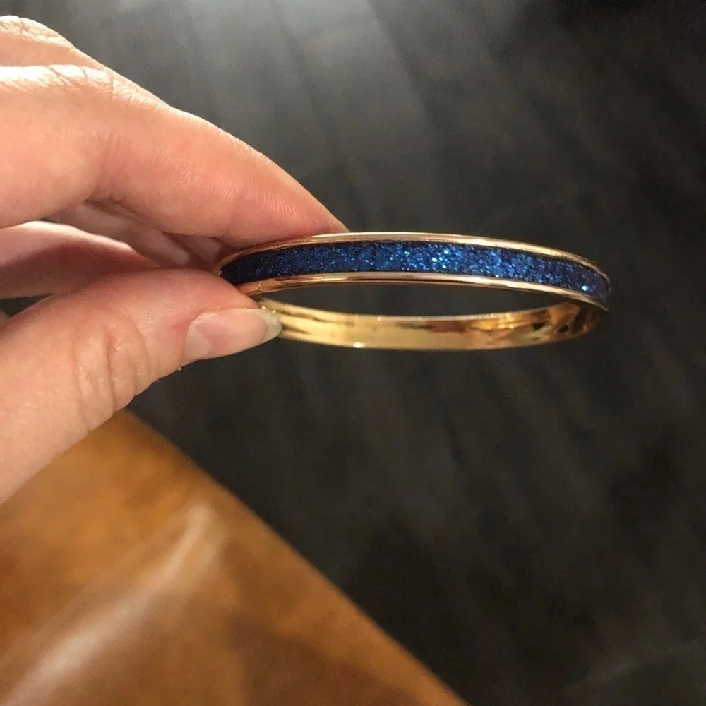 Blue Glitter Gold Tone Metal Bangle Bracelet